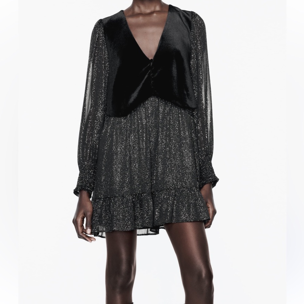 ZARA combination vest mini dress black velvet metallic gold long sleeves Sz M